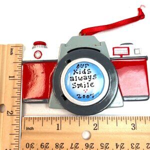 Vintage Camera Ornament "Our Kids Always Smile" 2001 Red & Gray